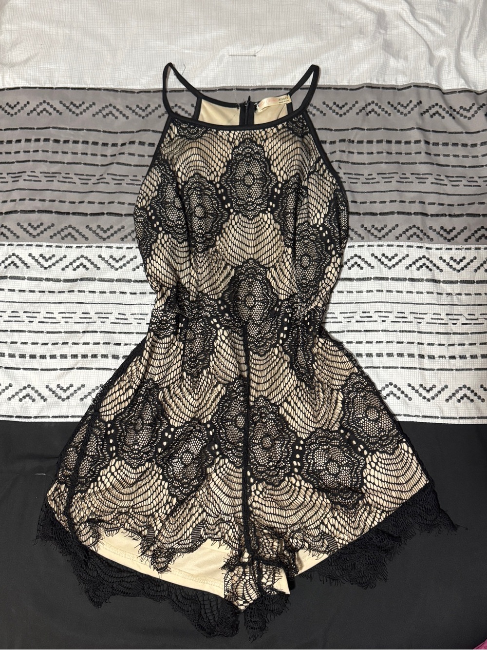 A’gaci Black Lace Overlay Beige Romper
